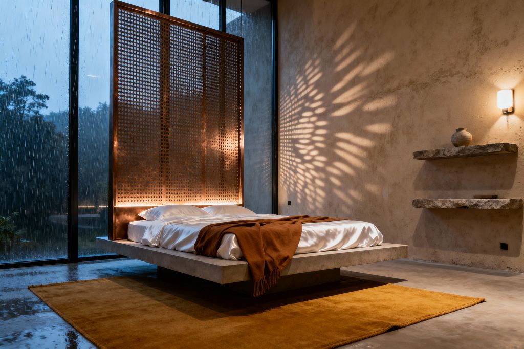 A contemporary bedroom features a floating concrete platform bed with white linens and a rust-brown throw. A perforated copper screen behind the bed is backlit, casting patterned shadows on sand-colored plaster walls; floor-to-ceiling glass reveals rainfall outside, a warm wall sconce glows above two rough stone shelves, and a mustard rug softens the polished concrete floor.