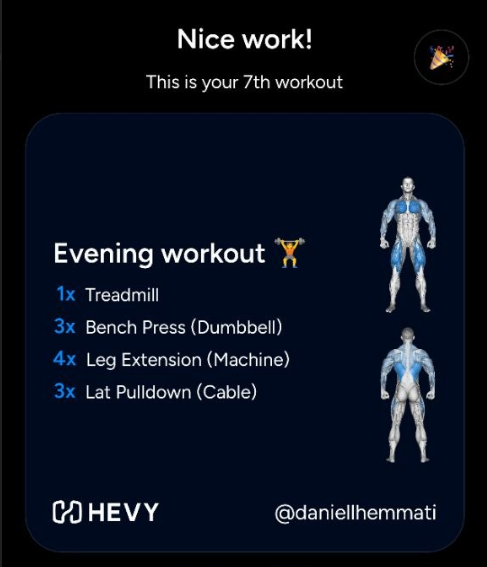 Workout summary for the 7th exercise session showing exercises and muscle groups targeted.