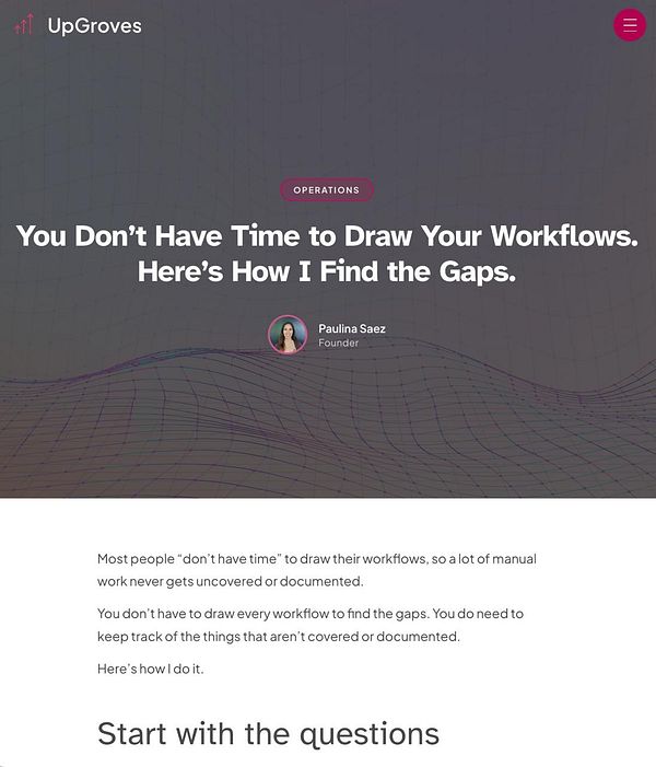 A blog post titled 'You Don’t Have Time to Draw Your Workflows. Here’s How I Find the Gaps.' by Paulina Saez on UpGroves website with introduction text and navigation elements.