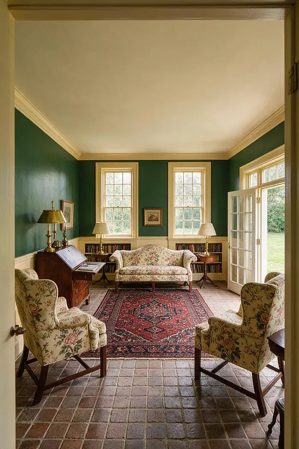 A traditional sunroom or sitting room with dark green walls, cream trim, and a large white ceiling. Floral upholstered chairs and a matching loveseat sit on a red patterned rug over a brick tile floor, with French doors and tall windows bringing in garden views and natural light.