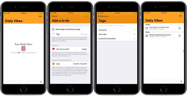 The image shows a series of screenshots from a to-do list app named 'Daily Vibes'.