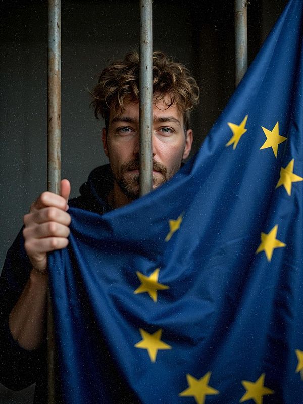A man holding an EU flag stands behind prison bars, conveying a sense of confinement and identity.