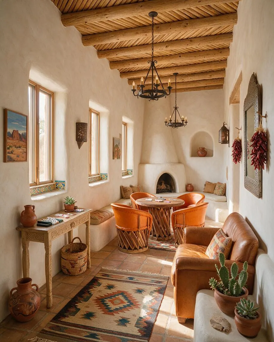 A narrow Southwestern-style game room with white adobe walls, a rustic wood beam ceiling, and terracotta tile flooring. The room features orange leather chairs around a round wooden table, a tan leather sofa, built-in bench seating, a small fireplace, woven rugs, clay pottery, hanging lanterns, and decorative chili peppers.