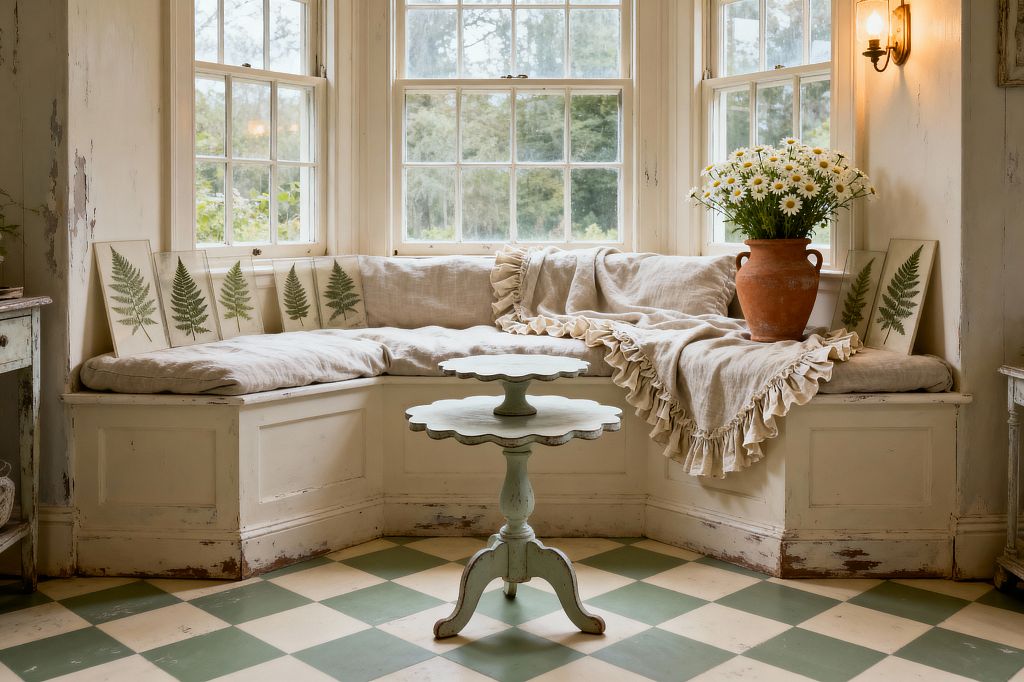A shabby chic living room corner with a bay window and an L-shaped built-in bench in distressed cream wood. Natural linen cushions and a ruffled throw soften the seat, with fern botanical prints leaning along the back. A terracotta pot filled with white daisies rests on the bench, while a scalloped pedestal table painted faded mint stands in front. The floor shows a sage and cream checkerboard, and a warm brass wall sconce glows on the right wall.