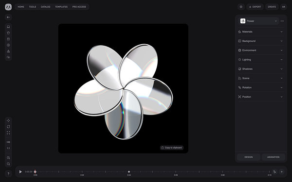 A 3D flower-like object is displayed in a dark-themed editor interface.