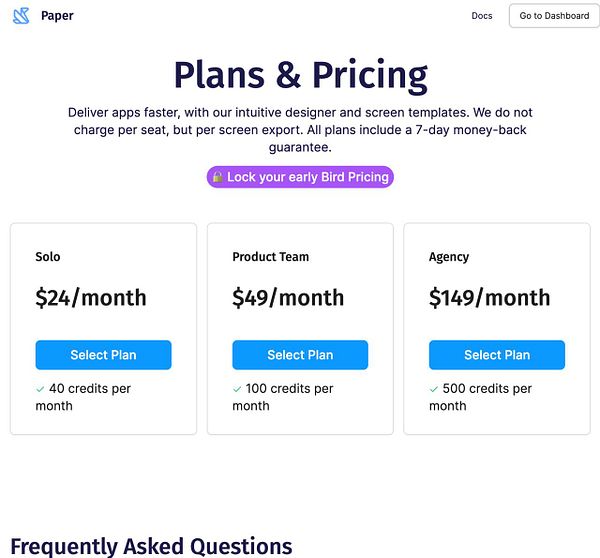 The image displays a pricing plan layout for a service called Paper.