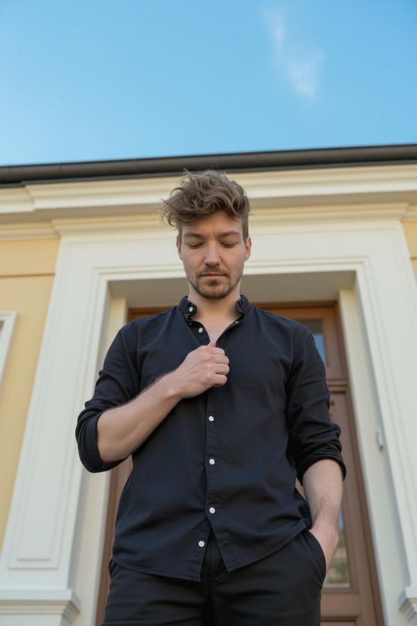 A man in a black shirt stands in front of a building, looking down thoughtfully.