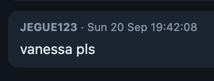 A chat message from user JEGUE123 sent on Sunday, September 20 at 19:42:08 with the text 'vanessa pls'.