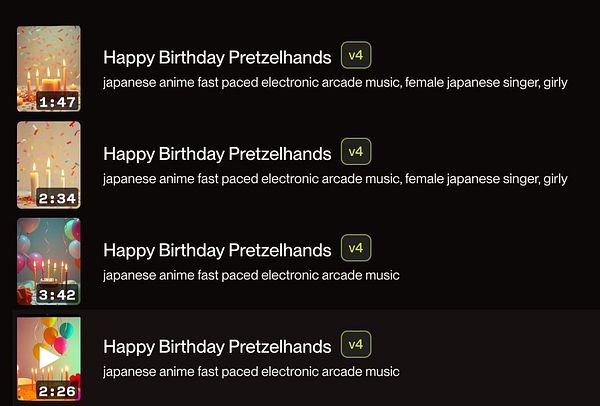 A list of birthday songs titled 'Happy Birthday Pretzelhands' with various durations and descriptions.