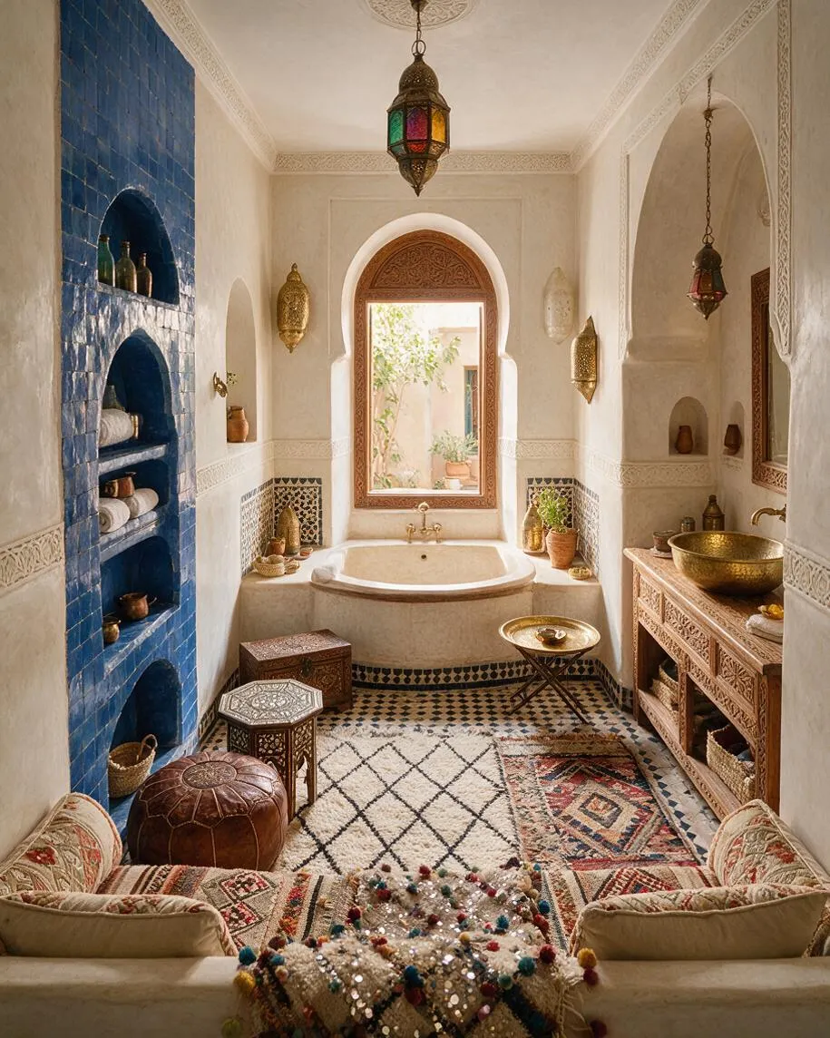 A Moroccan-style master bathroom with cream plaster walls, carved archways, and blue tile shelving on the left. The room features a central oval bathtub beneath a carved wooden window frame, brass lanterns, patterned rugs, a carved wood vanity with a gold basin, and warm natural light.