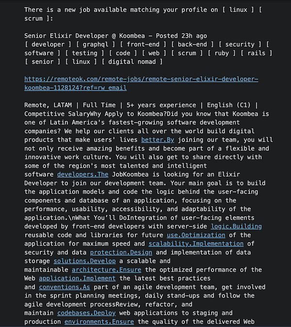 The image displays a job alert for a Senior Elixir Developer position at Koombae, detailing the job requirements and responsibilities.