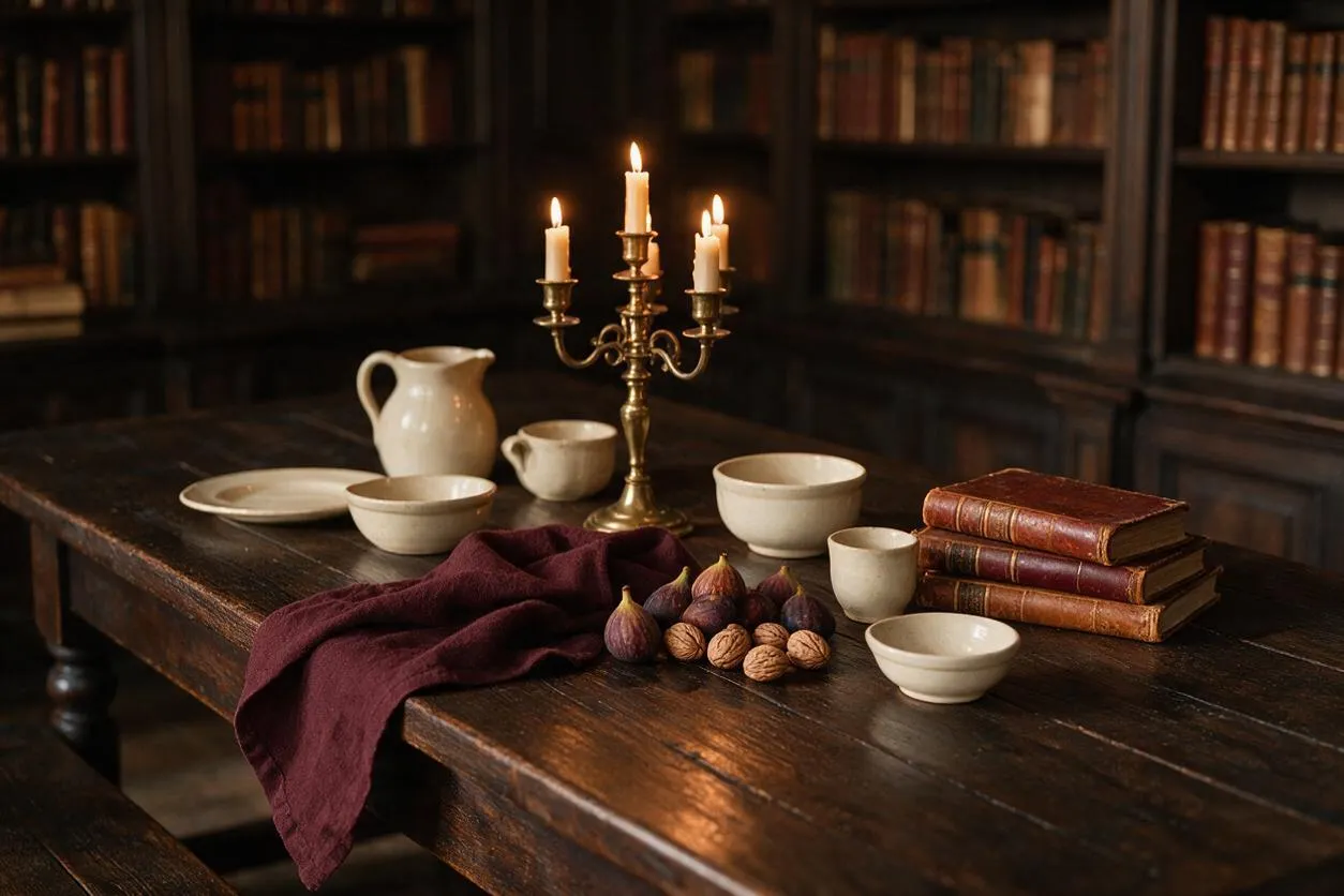 A dark wood table set in a dim library with shelves of old books in the background. The vignette includes a brass candelabra with lit candles, cream ceramic cups and bowls, a pitcher, stacked vintage leather-bound books, figs, walnuts, and a deep burgundy cloth.