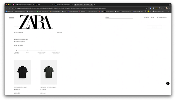 The image displays a Zara online shopping order summary for two polo shirts.