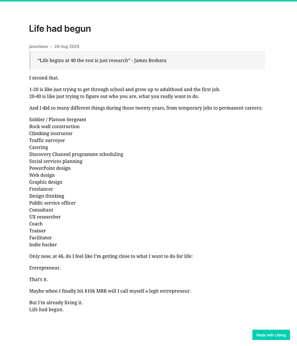 A reflective post detailing a person's journey through various careers and their aspirations as an entrepreneur.