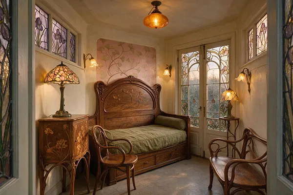 A compact backyard room styled in Art Nouveau design, featuring a carved wooden daybed with green upholstery, curving wood chairs, and a floral inlaid cabinet. The space is framed by decorative stained-glass windows and double doors with botanical motifs, lit by amber pendant and wall lamps that create a warm, romantic glow.