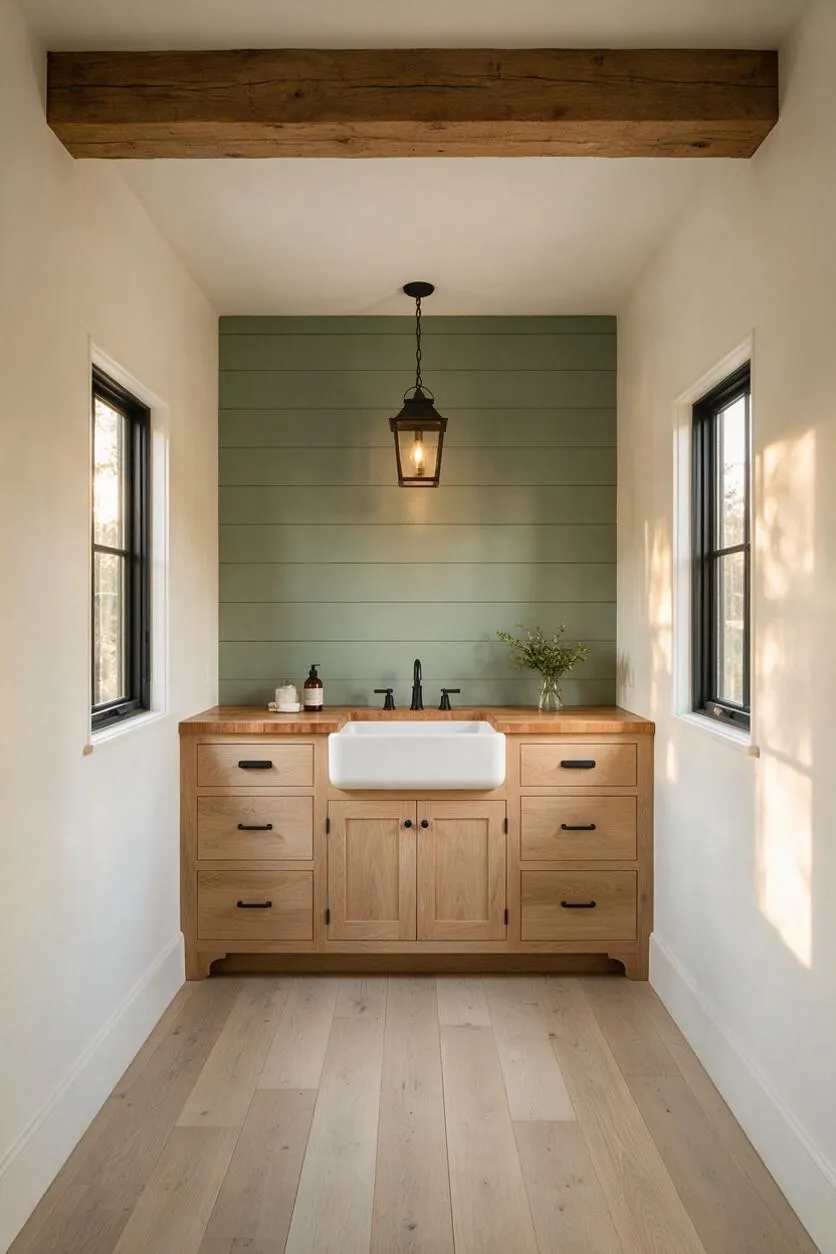 A narrow farmhouse powder room with a natural wood vanity, white apron-front sink, and black faucet centered on a sage green shiplap accent wall. White walls, black-framed windows, a wood ceiling beam, and a hanging lantern create a warm rustic look.