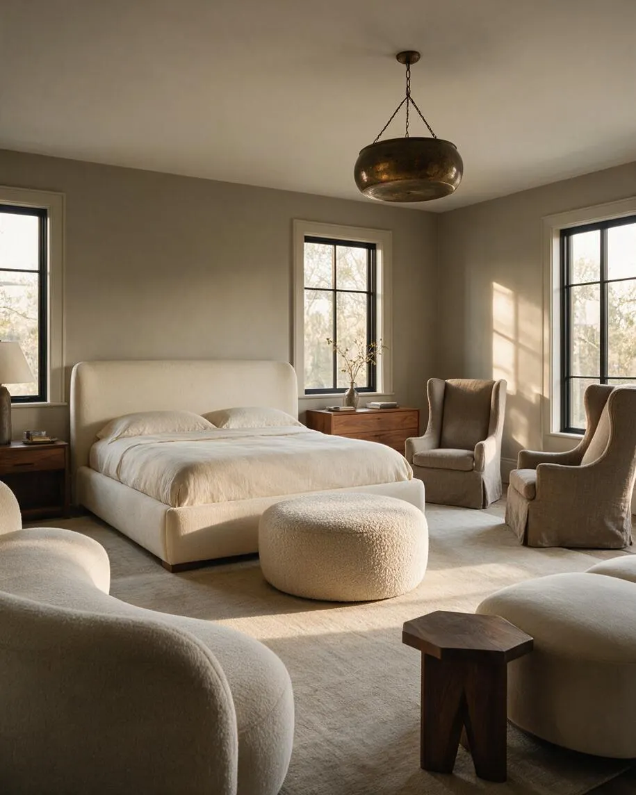 A transitional master bedroom with a cream upholstered bed centered between black-trimmed windows, two taupe lounge chairs, and a round boucle ottoman on a pale rug. Warm beige walls, wood nightstands, and a bronze pendant light create a calm, layered atmosphere.