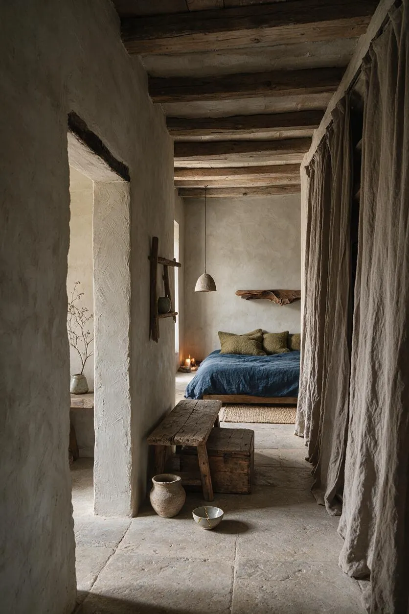A narrow studio apartment interior with rough plaster walls, exposed wooden ceiling beams, and stone flooring. A low bed with a blue cover and olive pillows sits at the back, softened by linen curtains, rustic wood furniture, ceramic vessels, and warm candlelight.