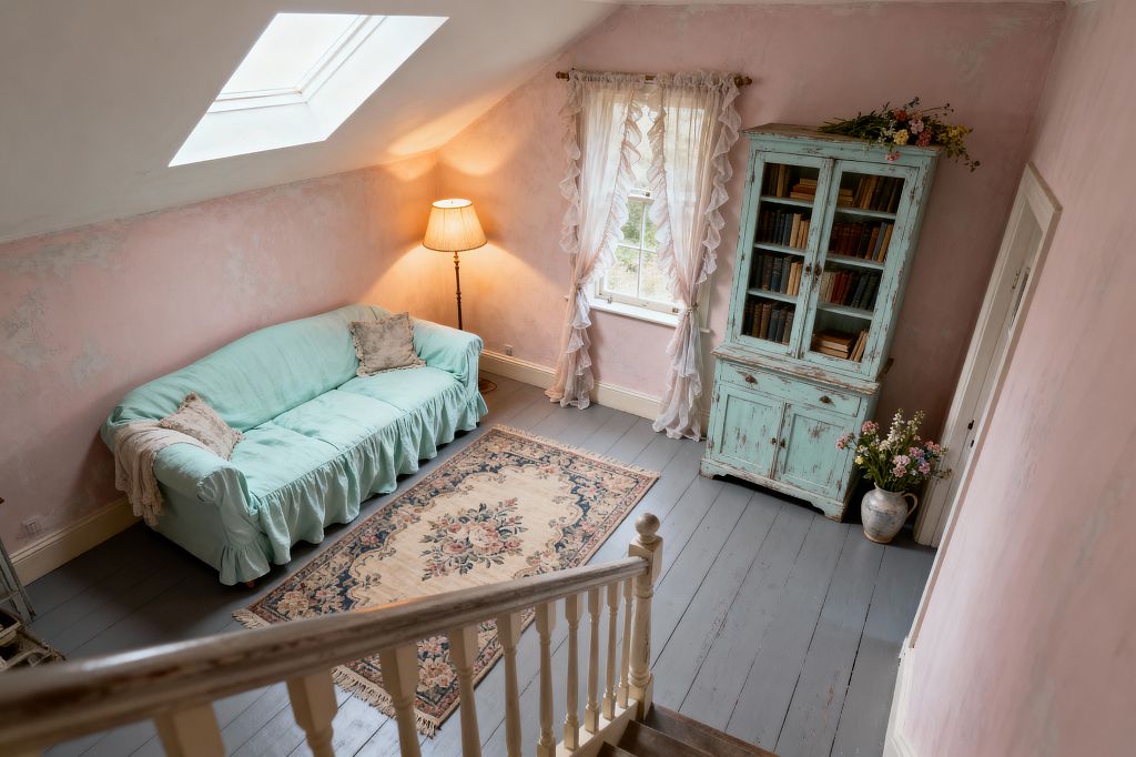 A cozy attic living room with a sloped ceiling and skylight features blush pink limewashed walls, a mint slipcovered sofa with a ruffled skirt, and a cream floral rug on gray-painted wood floorboards. A duck-egg blue distressed glass-front cabinet holds vintage books, topped with flowers, while a ceramic jug of blooms sits nearby. Sheer ruffled curtains and a brass floor lamp soften the light, with a worn white stair banister in the foreground.