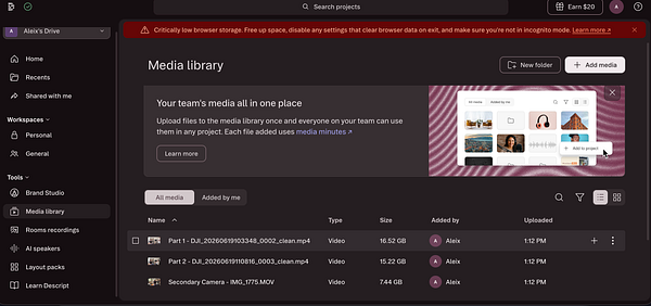 Screenshot of Descript media editor interface showing a podcast project with waveform and audio tracks.