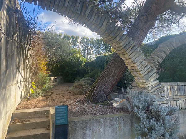 A serene garden pathway featuring a unique stone archway and lush greenery.