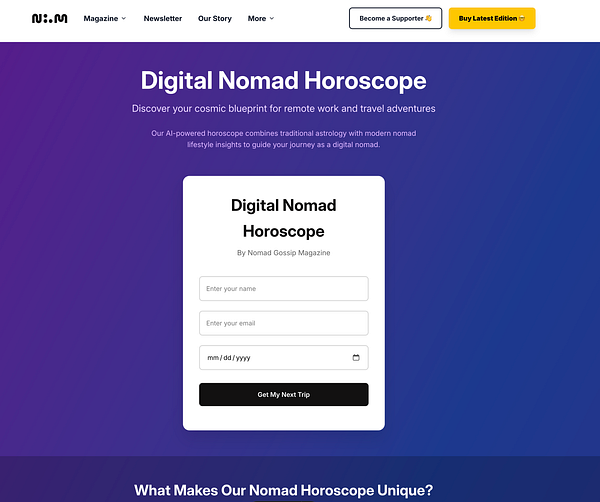 A promotional webpage for a Digital Nomad Horoscope service.