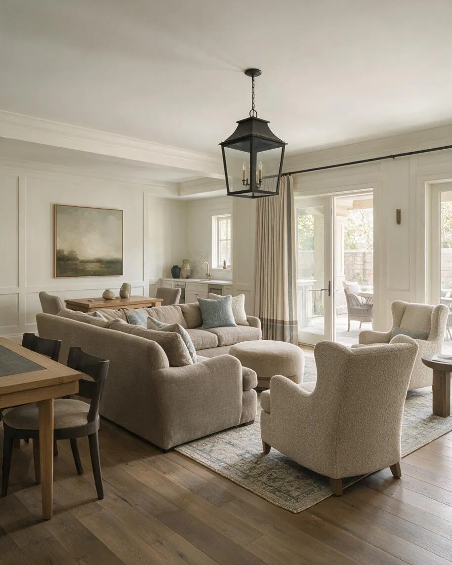 A bright transitional basement living area with a large beige sectional, two textured accent chairs, a round ottoman, and a small dining table at the left. The space features white paneled walls, wide wood flooring, a black lantern pendant, neutral drapery, and sliding glass doors opening to a patio.