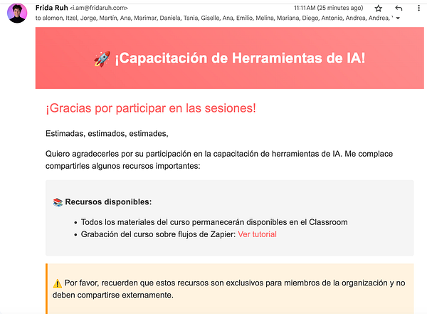 An email thanking participants for a training session on AI tools, with resource links and a reminder about confidentiality.