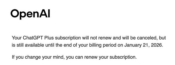 Screenshot of an account subscriptions page displaying an active OpenAI subscription plan with billing details and a cancel subscription option.