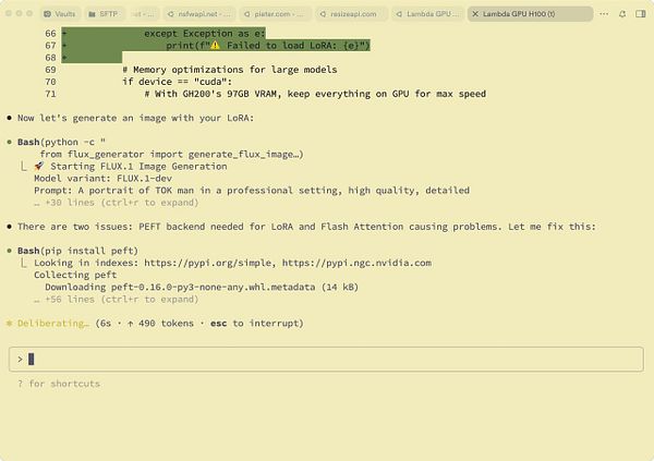 The image displays a terminal interface showing a Python script execution for generating an image using a GPU.