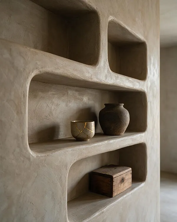 A built-in wall of sculpted niches with a soft clay plaster finish holds a small cracked ceramic cup, a dark earthy vase, and a weathered wooden box. The muted beige surface and simple organic forms create a calm Wabi-Sabi vignette.