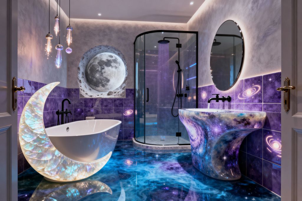 A dramatic space-themed bathroom shows a white freestanding tub cradled by a glowing crescent base, a sculptural sink wrapped in galaxy imagery, and a blue nebula epoxy floor. Deep purple square tiles with planet graphics line the walls under a round backlit mirror and a large moon mural. A curved glass shower features a purple-lit rainfall head and matte black hardware. Comet-like pendant lights and ceiling cove LEDs create a soft celestial glow.