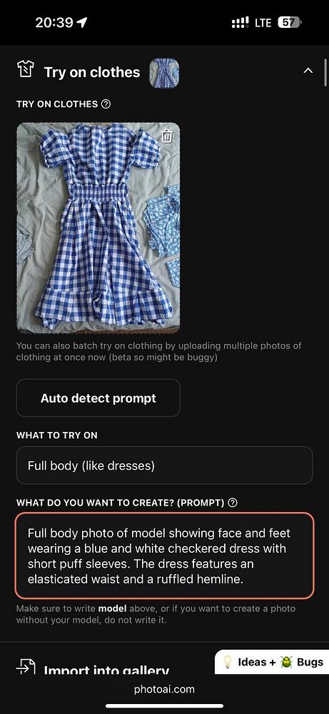 A screenshot of a clothing try-on application interface displaying a blue and white checkered dress.