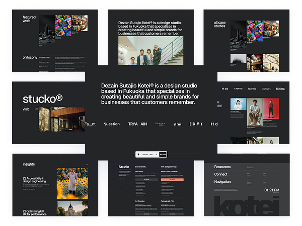 The image displays a website interface for a design studio named Kotei, showcasing various sections and content.