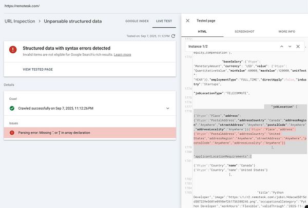 The image displays a URL inspection report indicating structured data errors for the website remoteok.com.