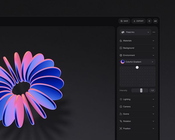 The image features a vibrant 3D design alongside a user interface for editing settings.