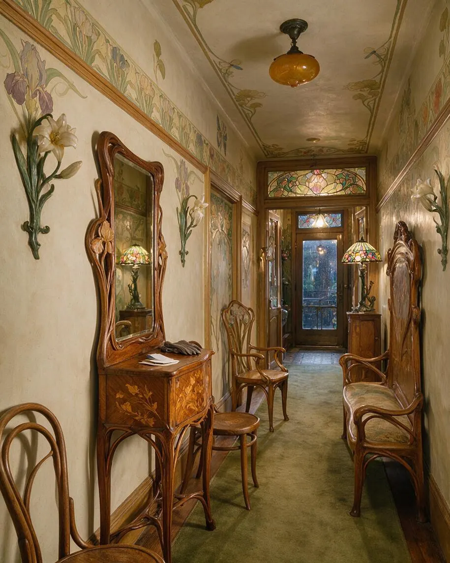 A narrow Art Nouveau entryway with floral wall murals, carved wood furniture, a decorative mirror, and stained-glass transom windows. Warm amber lighting and a muted green carpet create a graceful, antique atmosphere.
