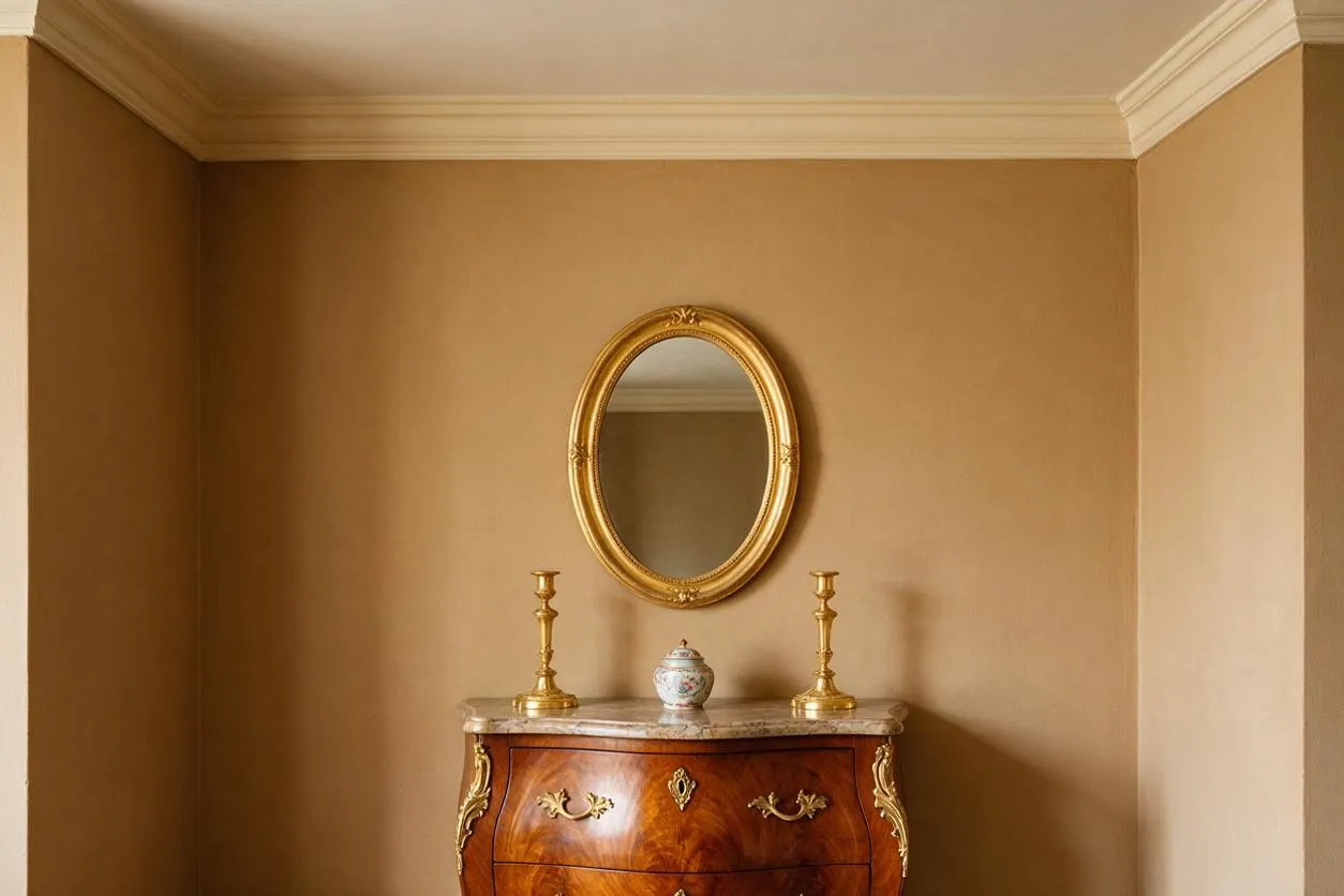 A traditional corner of a room with warm beige walls, white crown molding, and an oval gold mirror centered above a polished wood chest. The chest has a light stone top, ornate brass hardware, and decorative candlesticks with a small porcelain jar arranged symmetrically.
