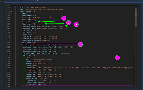 The image displays a code snippet from a configuration file related to a PostgreSQL database backup setup.
