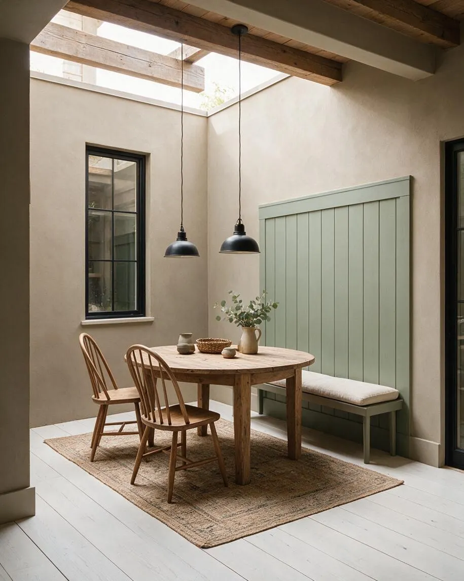 A farmhouse-style backyard patio with a round wooden dining table, two bentwood chairs, and a built-in bench with a pale green shiplap backrest. Black pendant lights hang from the open skylight above, and neutral stucco walls, white plank flooring, and a woven rug create a calm, airy space.
