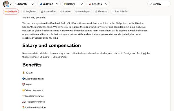 The image displays a job posting with sections on salary, compensation, and benefits.