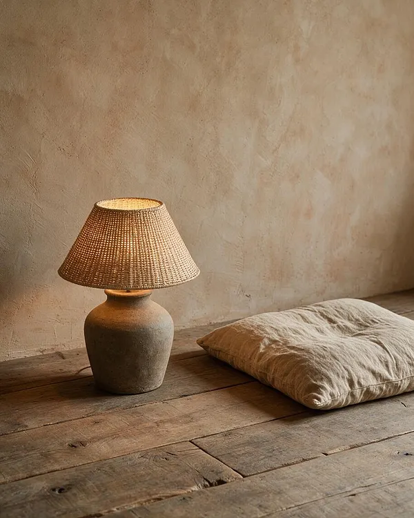 A small table lamp with a textured ceramic base and woven shade sits on weathered wooden floorboards beside a soft beige floor cushion. Behind it is an earthy plaster wall with a worn, handcrafted finish, creating a calm, minimalist Wabi-Sabi setting.