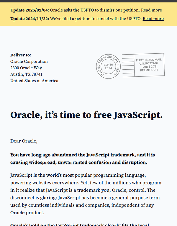 The image displays a letter addressed to Oracle Corporation advocating for the release of the JavaScript trademark.