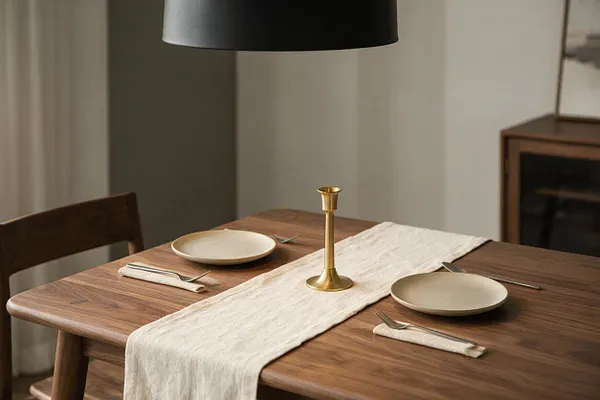 A transitional dining vignette features a warm walnut table set with two cream plates, folded linen napkins, and silver flatware. A white linen runner crosses the center of the table, anchored by a small brass candlestick under a black pendant light.