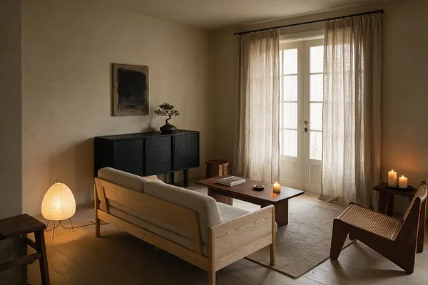 A calm Japandi living room with a light wood sofa, soft beige cushions, and a low wooden coffee table centered on a muted rug. Sheer curtains filter daylight from French doors, while a black cabinet, woven accent chair, paper floor lamp, and candles add warmth and contrast.