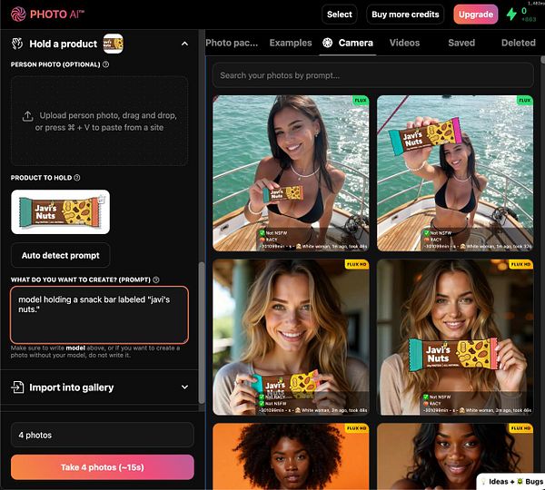 The image displays a user interface for a photo generation tool focused on product photography.