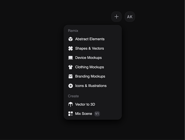 The image displays a user interface dropdown menu with various design tool options.
