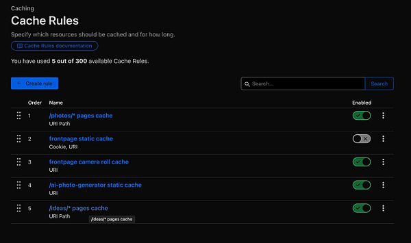 The image displays a user interface for managing cache rules in a Cloudflare settings panel.