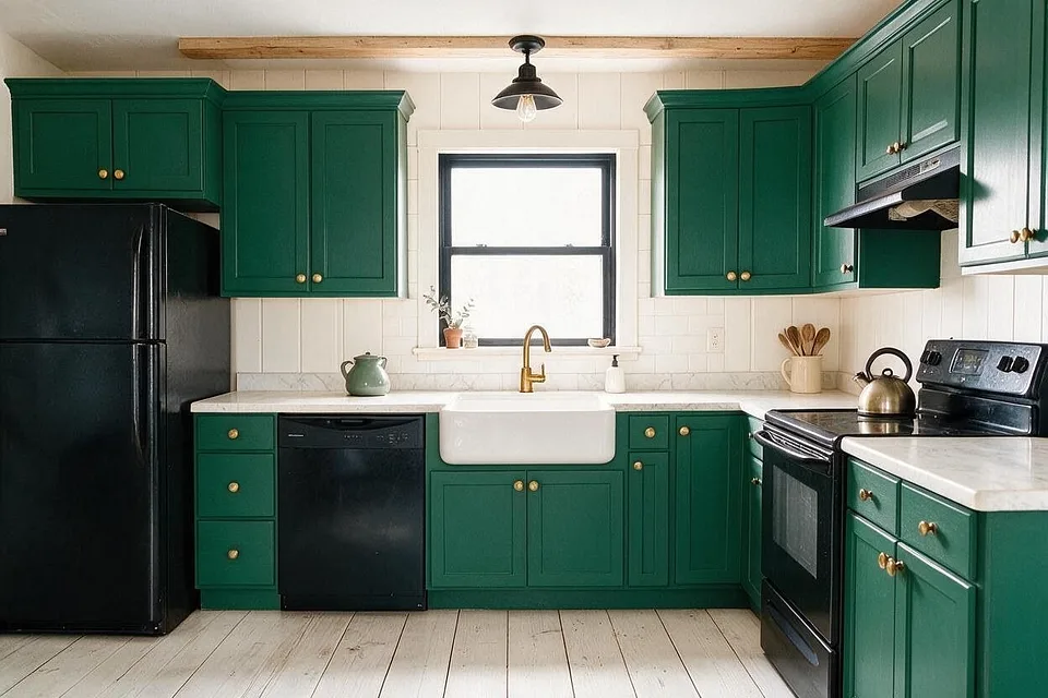 A Farmhouse kitchen in the Emerald Kitchen palette