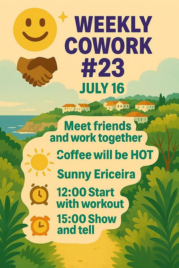 A colorful poster promoting the 23rd weekly coworking event.